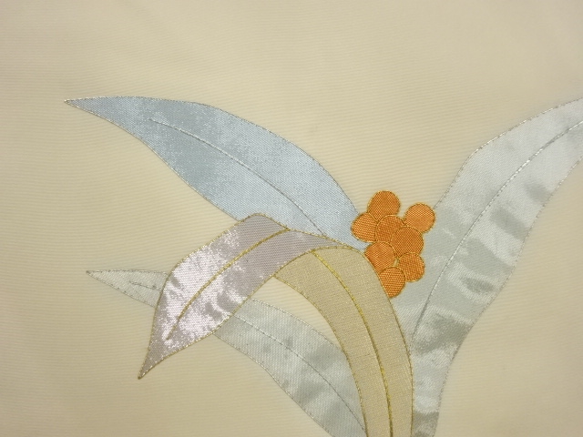  塩瀬金銀駒刺繍万年青模様名古屋帯